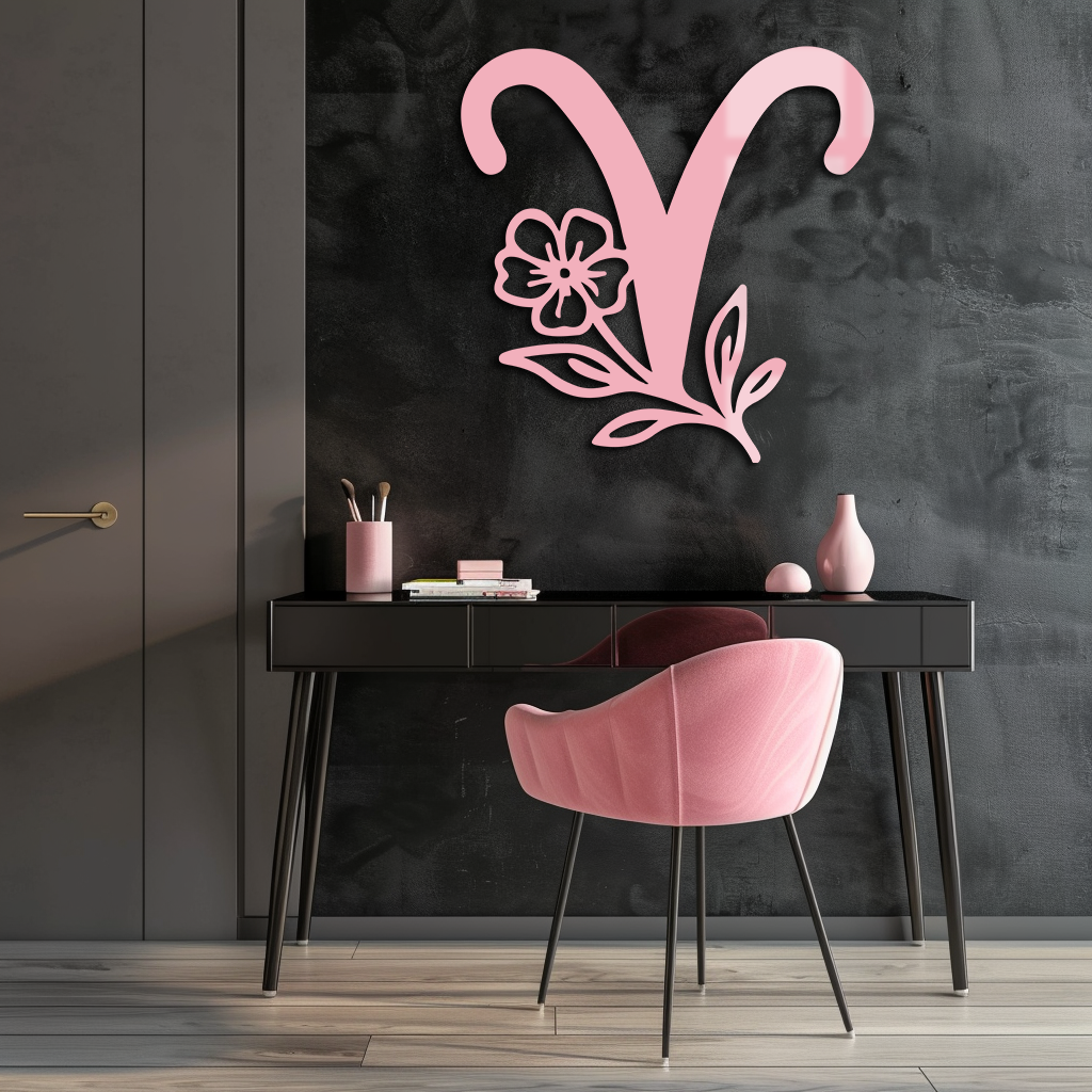Aries Zodiac Symbol Metal Wall Art – Floral Astrology Home Decor - KAFGP076
