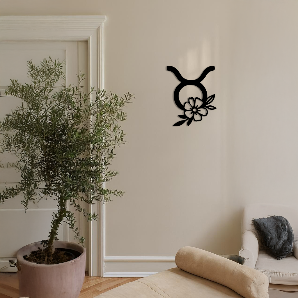 Taurus Zodiac Symbol Metal Wall Art – Floral Astrology Home Decor - KAFGP082