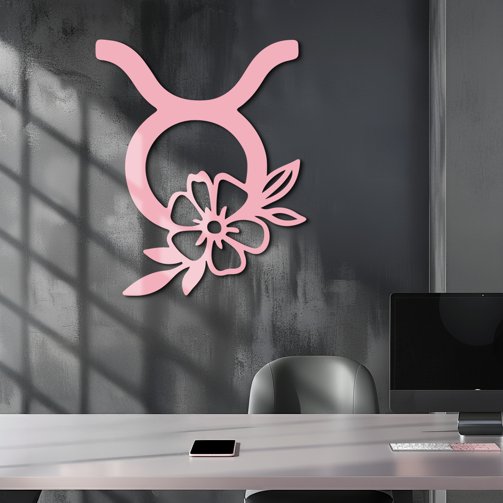 Taurus Zodiac Symbol Metal Wall Art – Floral Astrology Home Decor - KAFGP082