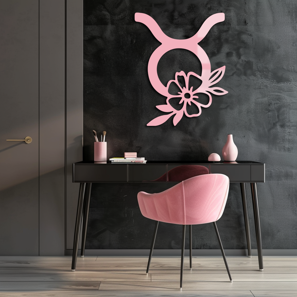 Taurus Zodiac Symbol Metal Wall Art – Floral Astrology Home Decor - KAFGP082