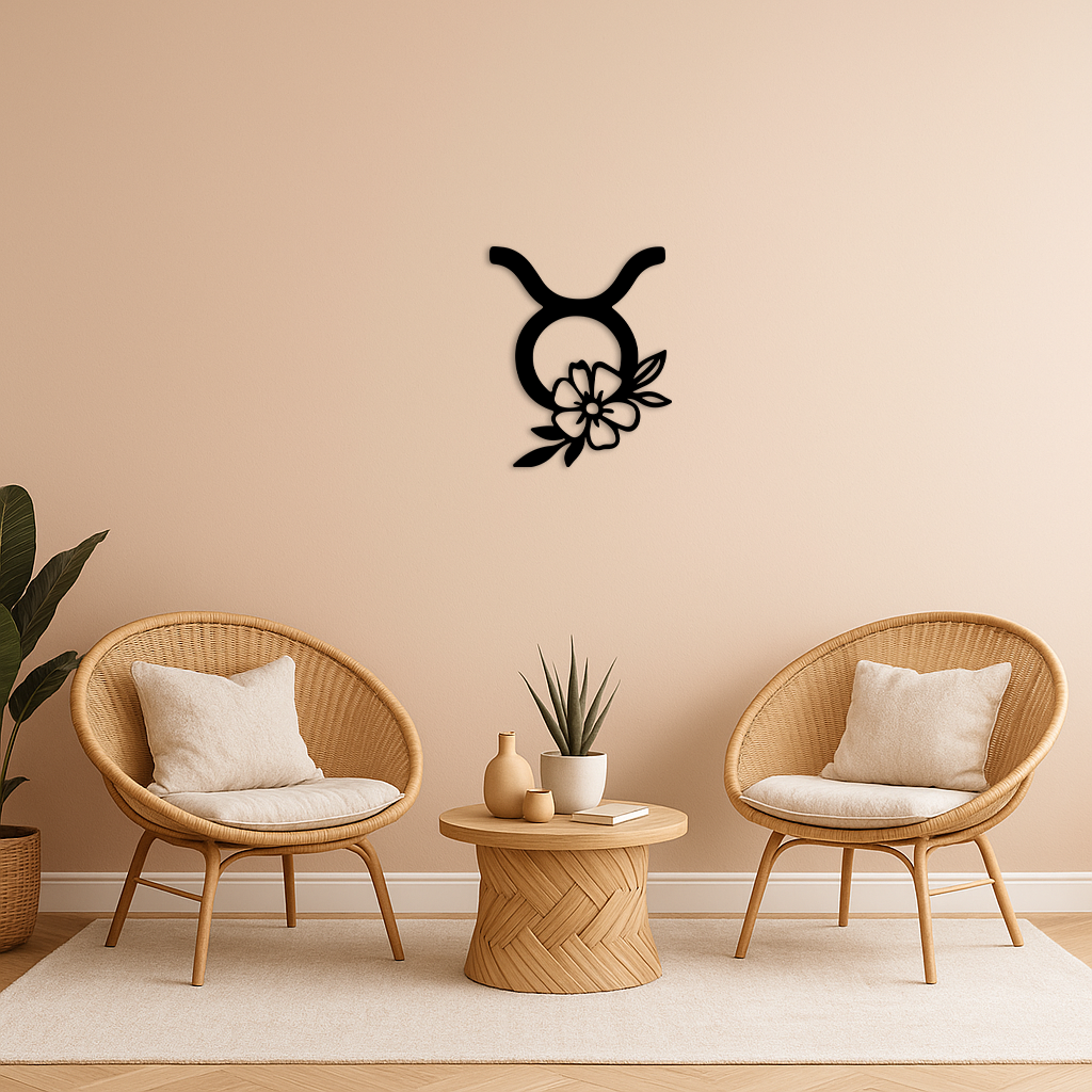 Taurus Zodiac Symbol Metal Wall Art – Floral Astrology Home Decor - KAFGP082