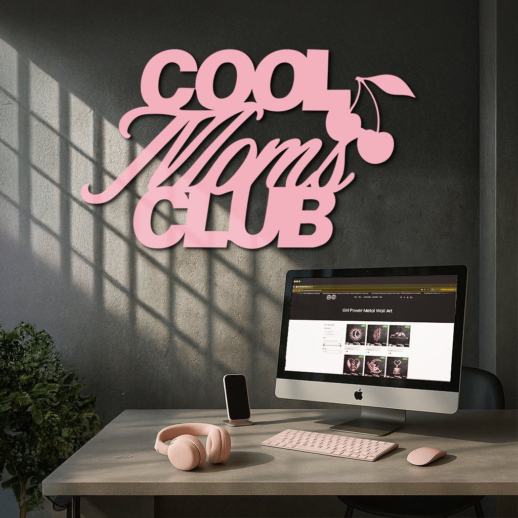 Cool Moms Club Typography Metal Wall Art – Cherry Accent Decorative Sign - KAFGP089
