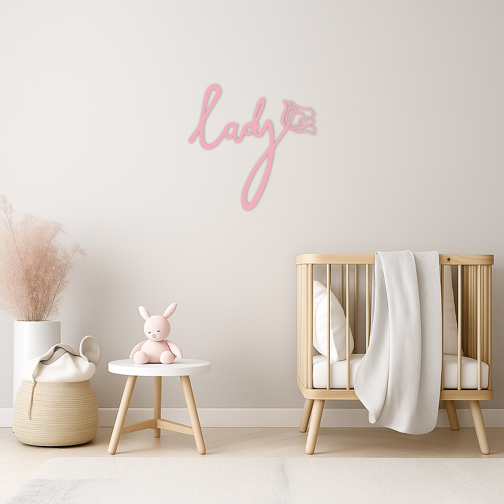 Lady Script Word Metal Wall Art – Elegant Floral Typography Decor - KAFGP096