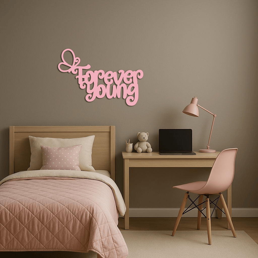 Forever Young Butterfly Script Metal Wall Art – Whimsical Home Decor - KAFGP117