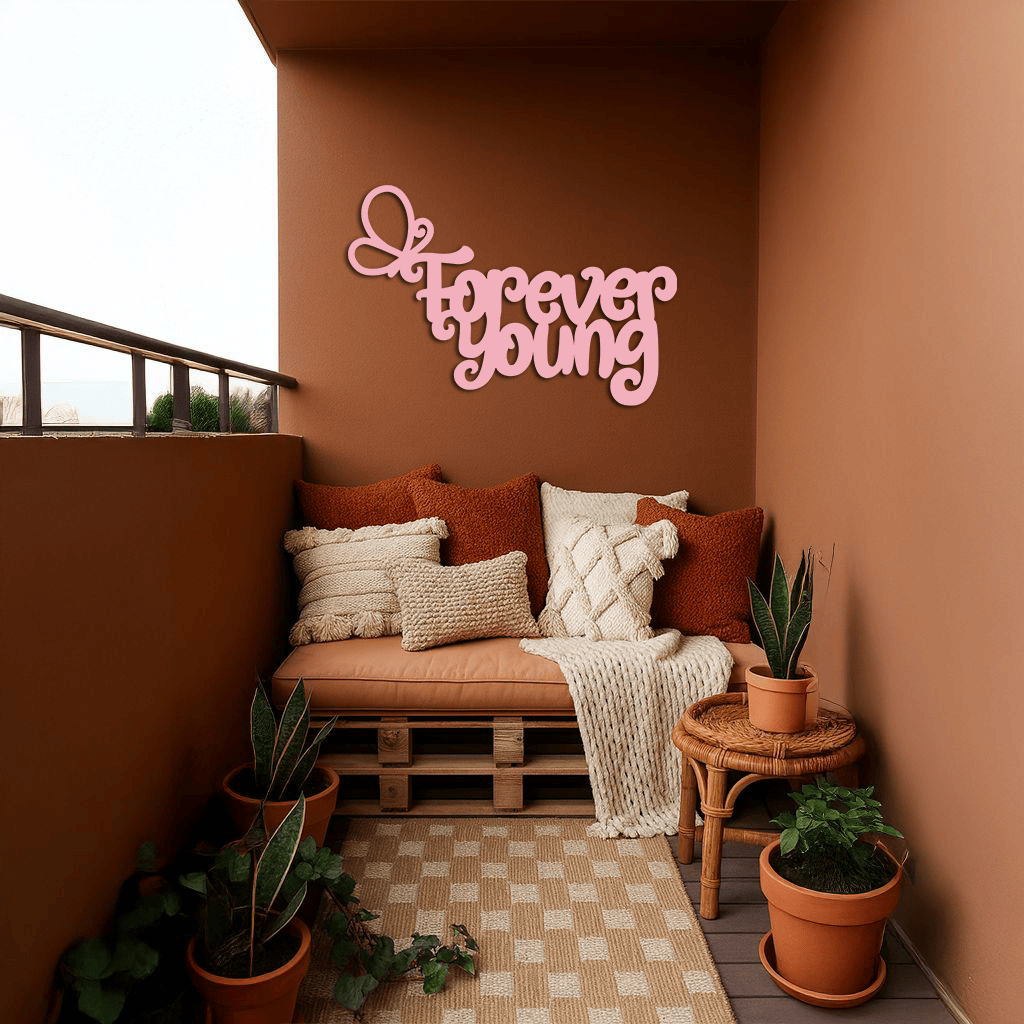 Forever Young Butterfly Script Metal Wall Art – Whimsical Home Decor - KAFGP117