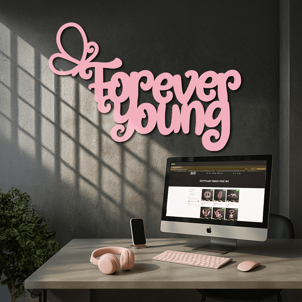 Forever Young Butterfly Script Metal Wall Art – Whimsical Home Decor - KAFGP117