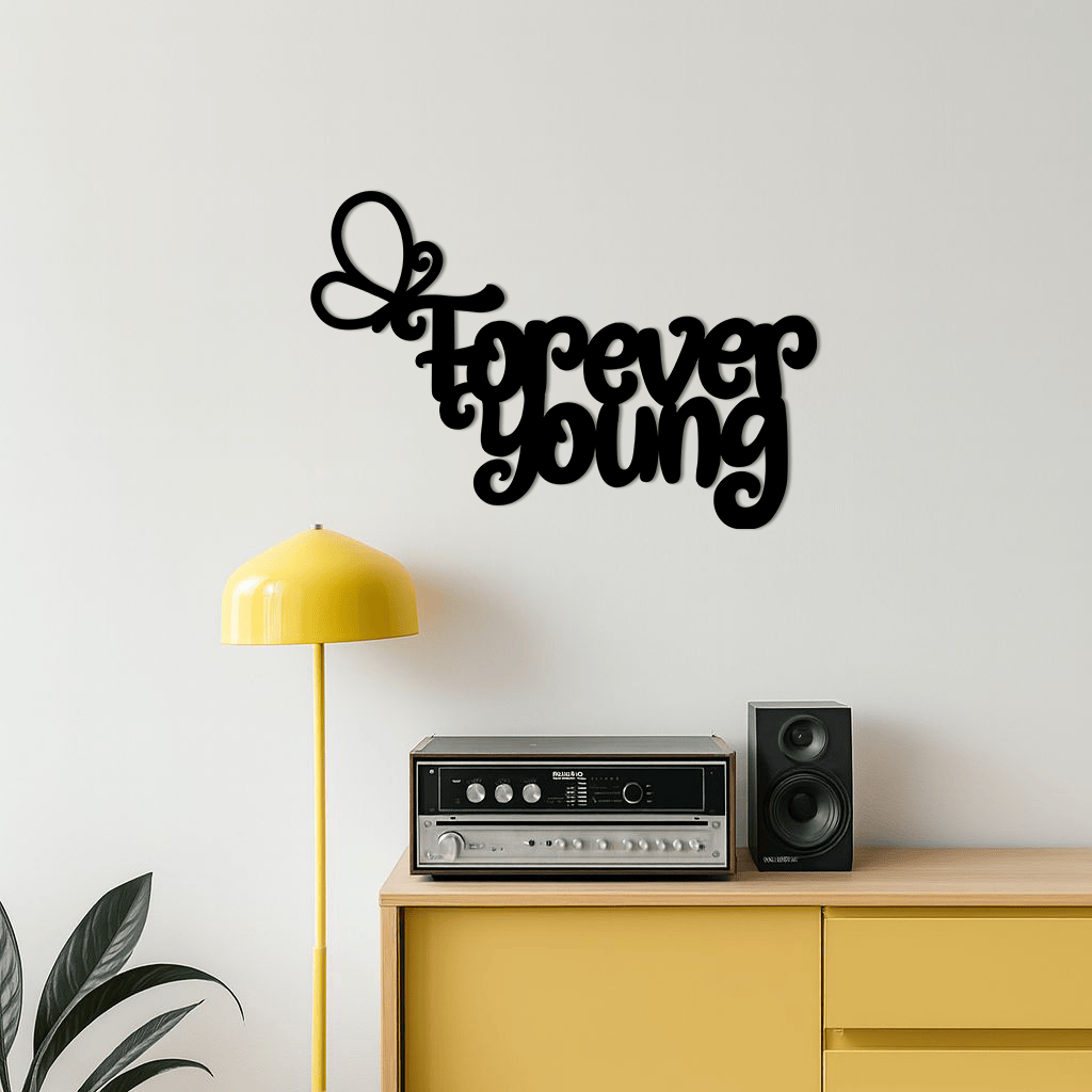 Forever Young Butterfly Script Metal Wall Art – Whimsical Home Decor - KAFGP117