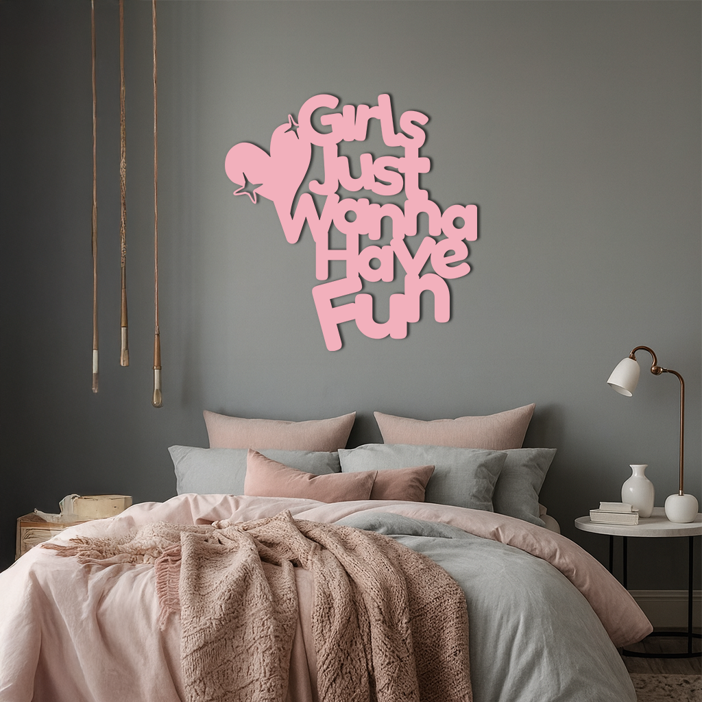 Girls Just Wanna Have Fun Metal Wall Art – Playful Heart & Star Design - KAFGP118