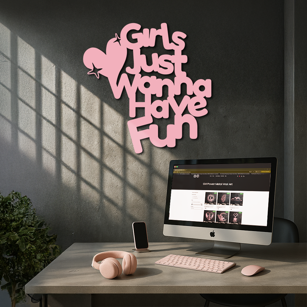 Girls Just Wanna Have Fun Metal Wall Art – Playful Heart & Star Design - KAFGP118