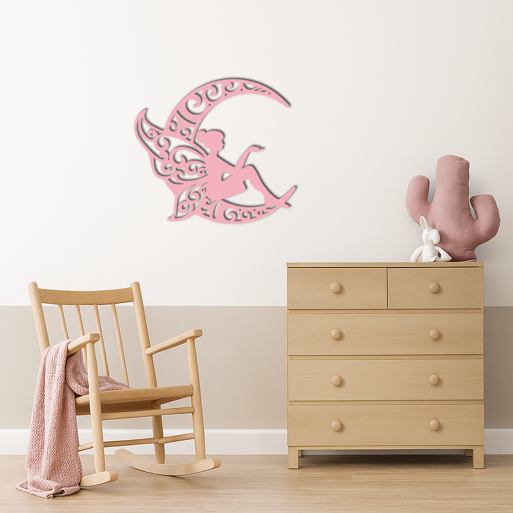 Fairy Sitting on Crescent Moon Metal Wall Art – Enchanted Decorative Silhouette - KAFGP132