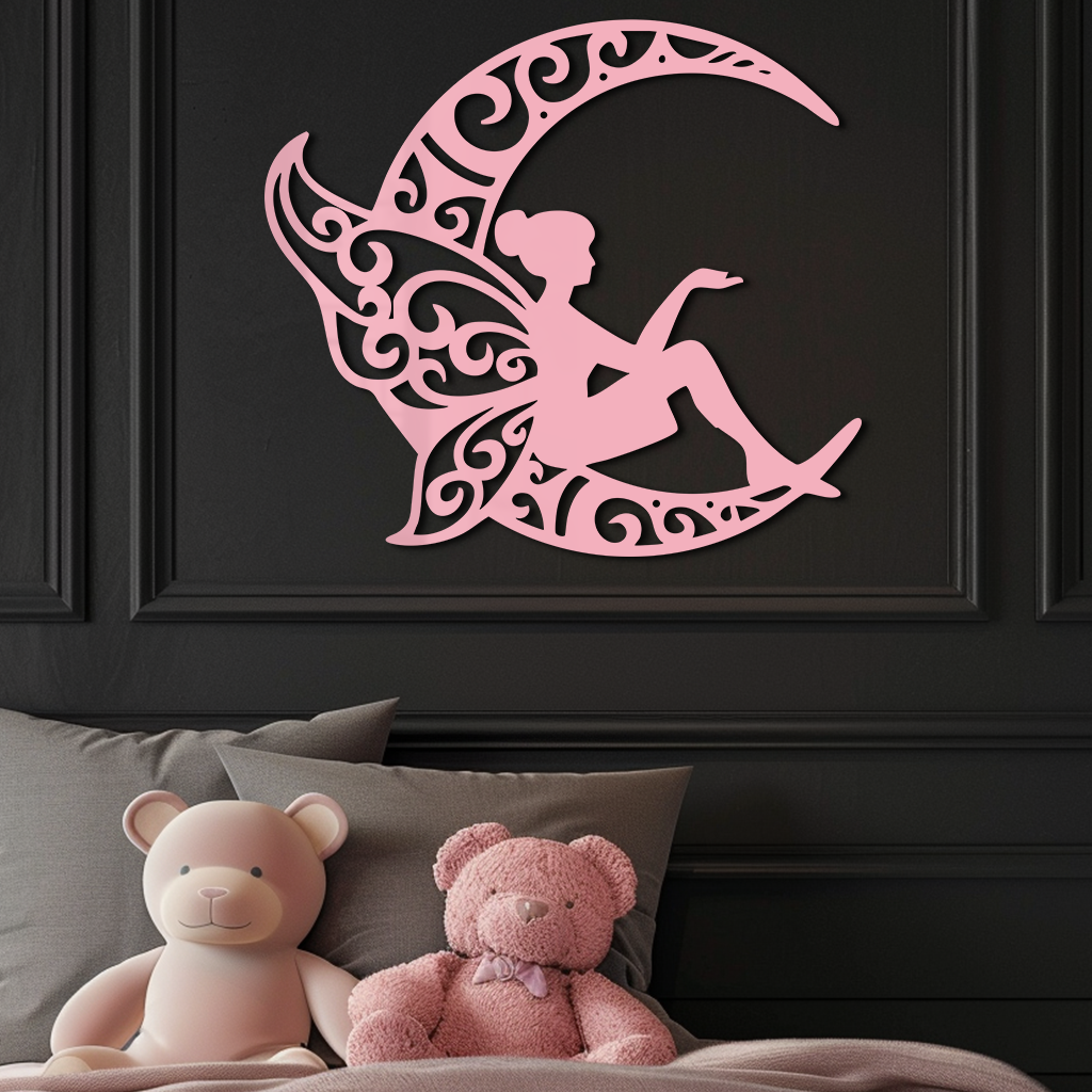 Fairy Sitting on Crescent Moon Metal Wall Art – Enchanted Decorative Silhouette - KAFGP132