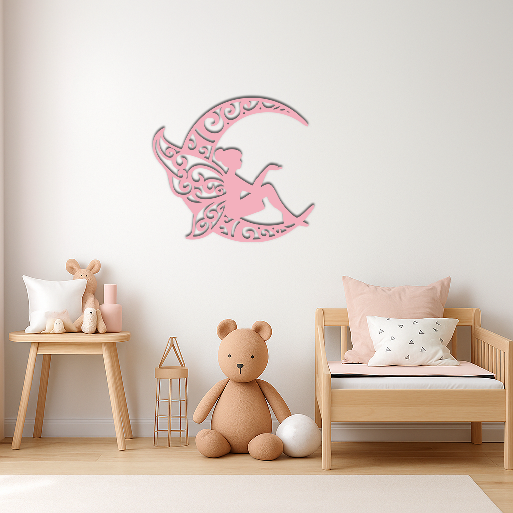 Fairy Sitting on Crescent Moon Metal Wall Art – Enchanted Decorative Silhouette - KAFGP132