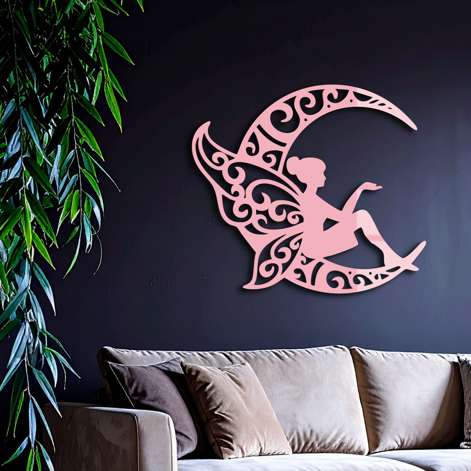 Fairy Sitting on Crescent Moon Metal Wall Art – Enchanted Decorative Silhouette - KAFGP132