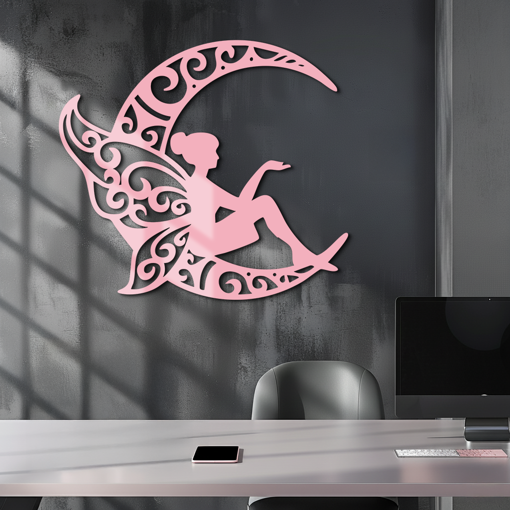 Fairy Sitting on Crescent Moon Metal Wall Art – Enchanted Decorative Silhouette - KAFGP132