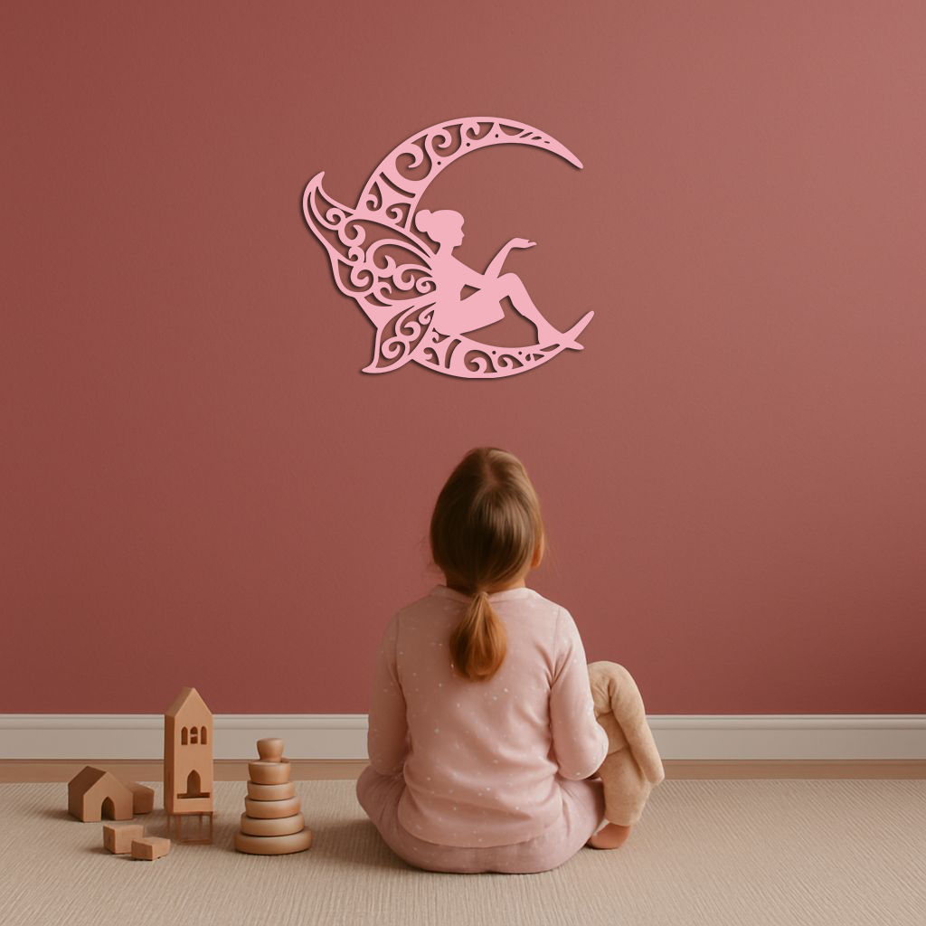 Fairy Sitting on Crescent Moon Metal Wall Art – Enchanted Decorative Silhouette - KAFGP132