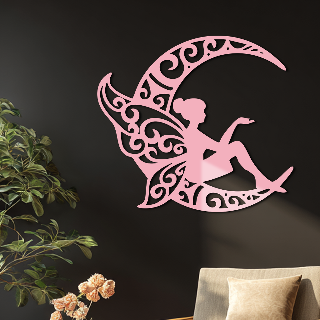 Fairy Sitting on Crescent Moon Metal Wall Art – Enchanted Decorative Silhouette - KAFGP132