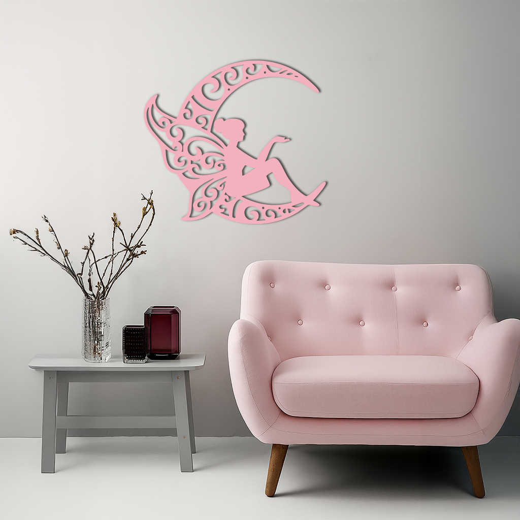 Fairy Sitting on Crescent Moon Metal Wall Art – Enchanted Decorative Silhouette - KAFGP132