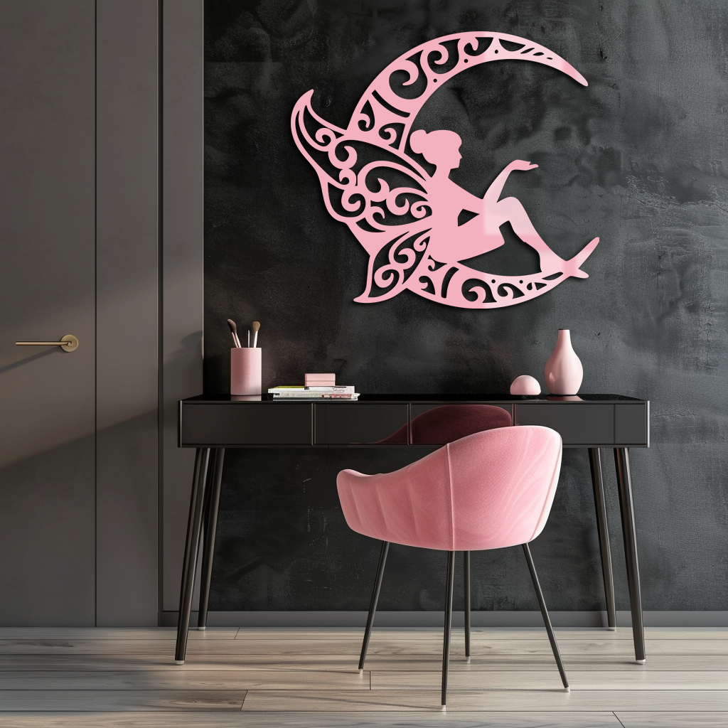 Fairy Sitting on Crescent Moon Metal Wall Art – Enchanted Decorative Silhouette - KAFGP132