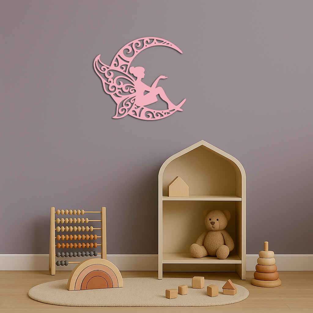 Fairy Sitting on Crescent Moon Metal Wall Art – Enchanted Decorative Silhouette - KAFGP132