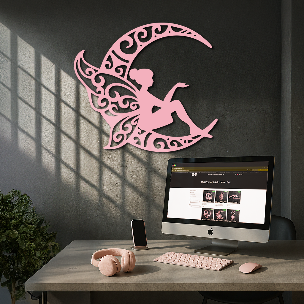 Fairy Sitting on Crescent Moon Metal Wall Art – Enchanted Decorative Silhouette - KAFGP132