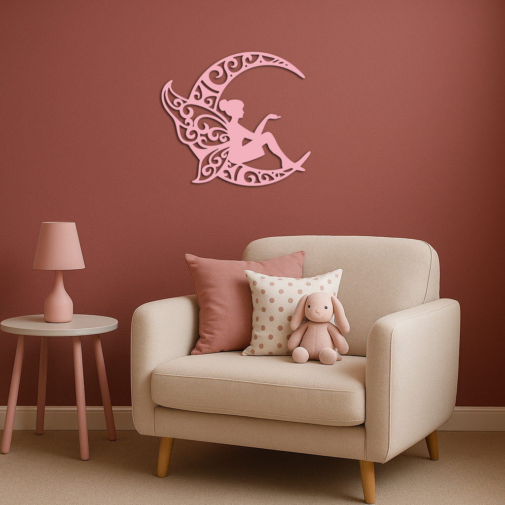 Fairy Sitting on Crescent Moon Metal Wall Art – Enchanted Decorative Silhouette - KAFGP132