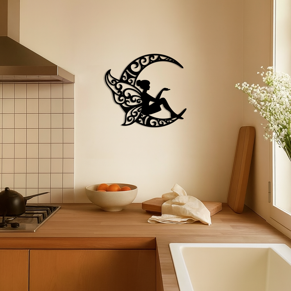 Fairy Sitting on Crescent Moon Metal Wall Art – Enchanted Decorative Silhouette - KAFGP132