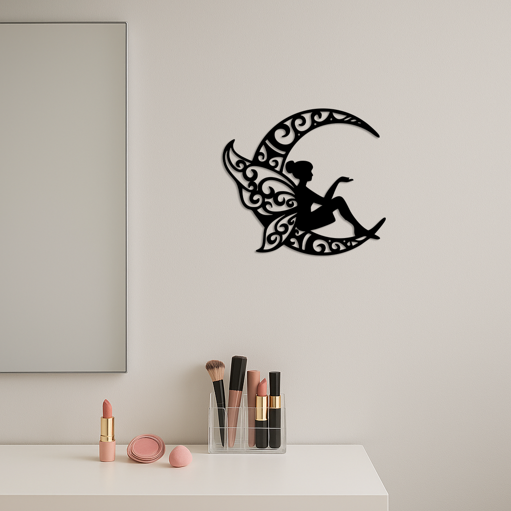 Fairy Sitting on Crescent Moon Metal Wall Art – Enchanted Decorative Silhouette - KAFGP132