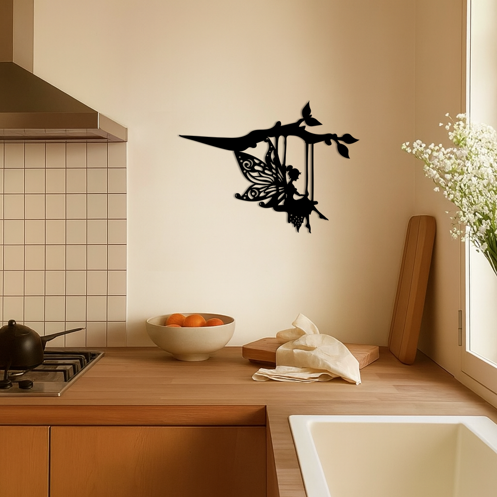 Enchanted Fairy on Swing Metal Garden Wall Art – Outdoor Fantasy Decor - KAFGP138