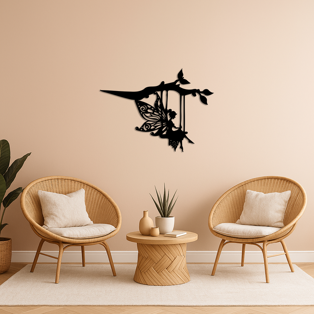 Enchanted Fairy on Swing Metal Garden Wall Art – Outdoor Fantasy Decor - KAFGP138