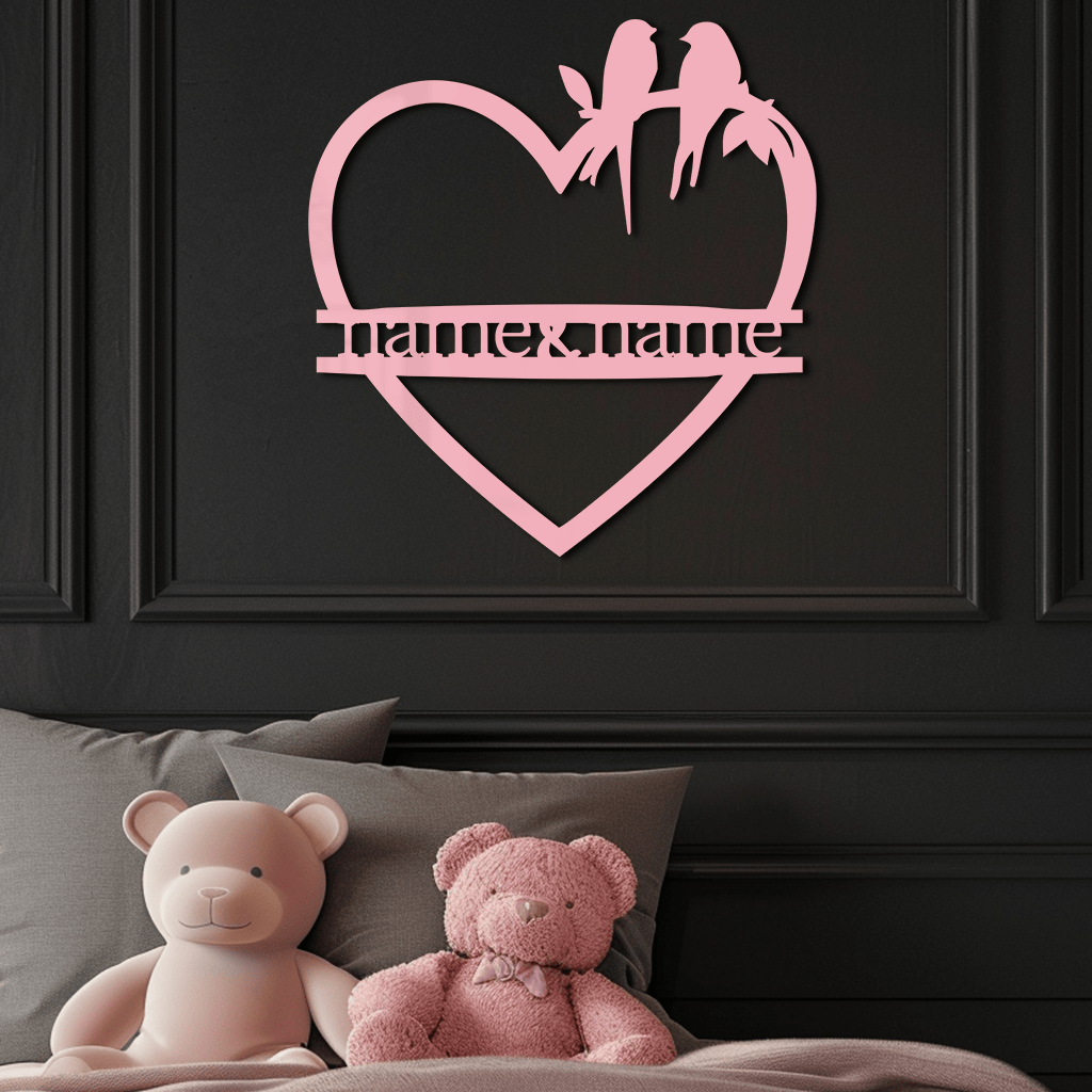 Personalized Heart Metal Wall Art with Birds – Custom Name Couple Gift - KAFGP148