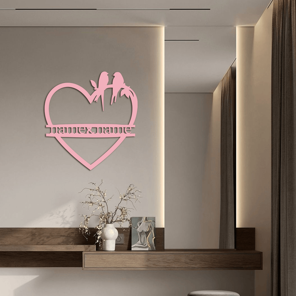 Personalized Heart Metal Wall Art with Birds – Custom Name Couple Gift - KAFGP148