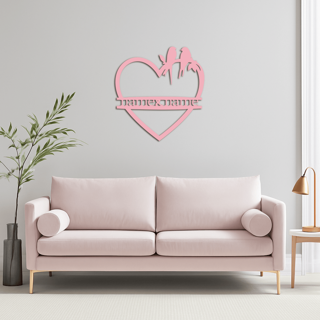 Personalized Heart Metal Wall Art with Birds – Custom Name Couple Gift - KAFGP148