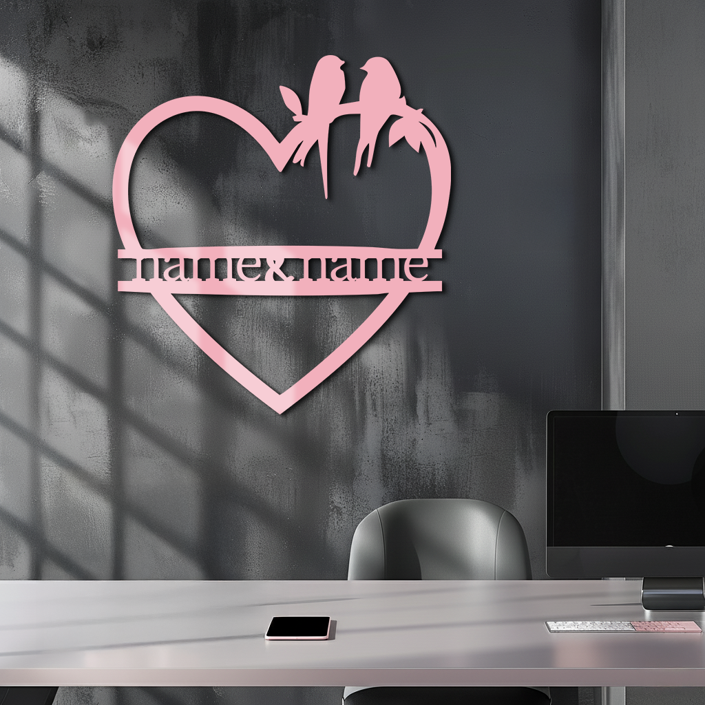 Personalized Heart Metal Wall Art with Birds – Custom Name Couple Gift - KAFGP148