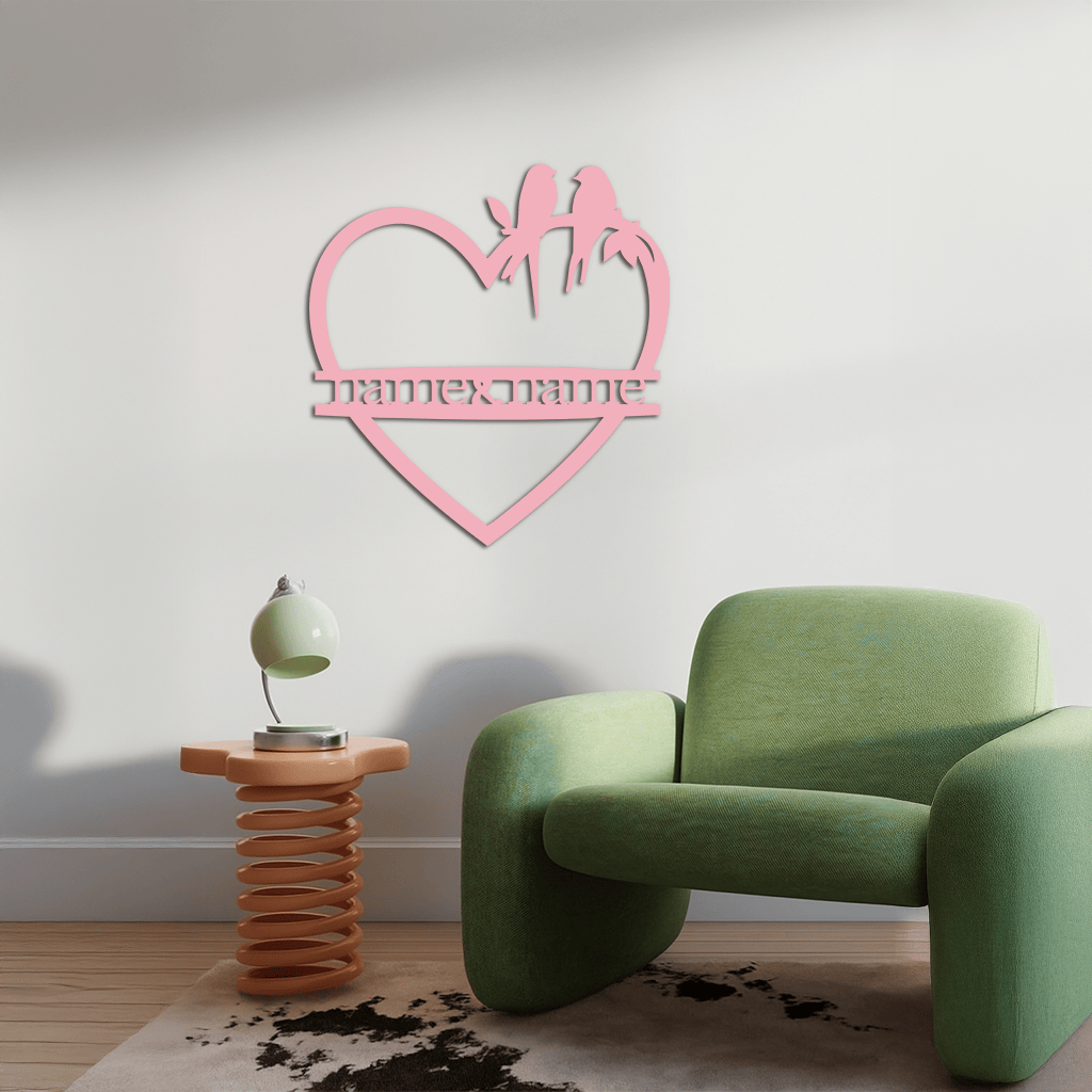 Personalized Heart Metal Wall Art with Birds – Custom Name Couple Gift - KAFGP148