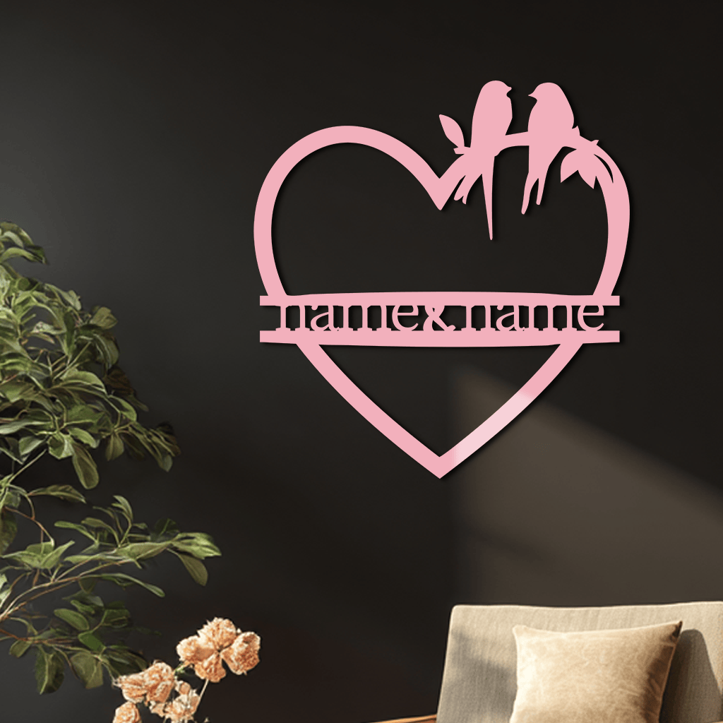 Personalized Heart Metal Wall Art with Birds – Custom Name Couple Gift - KAFGP148