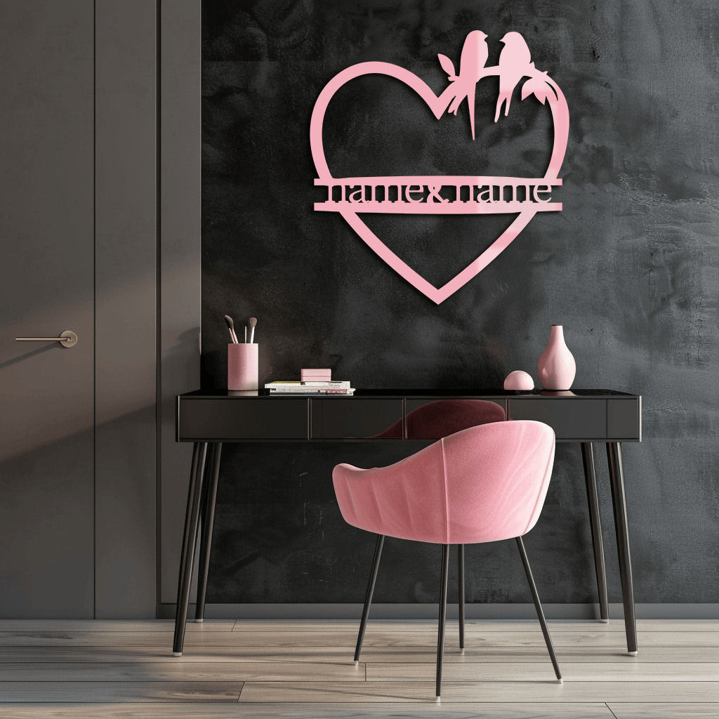 Personalized Heart Metal Wall Art with Birds – Custom Name Couple Gift - KAFGP148