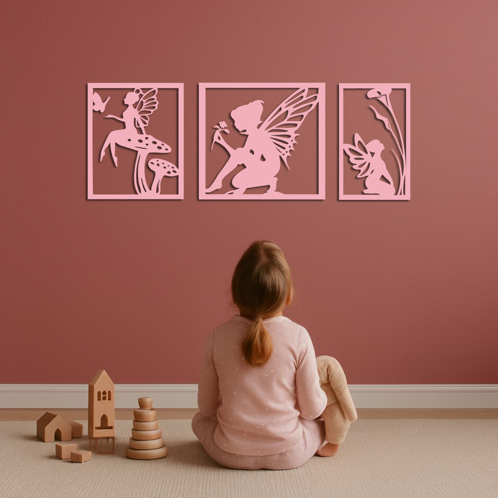 Pink Fairy Trio Metal Wall Art – Set of Three Fantasy Silhouette Panels - KAFGP156