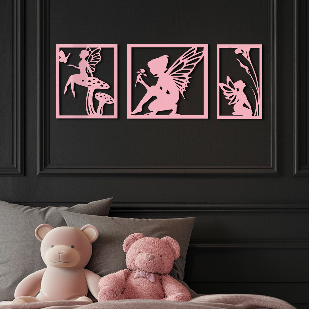 Pink Fairy Trio Metal Wall Art – Set of Three Fantasy Silhouette Panels - KAFGP156