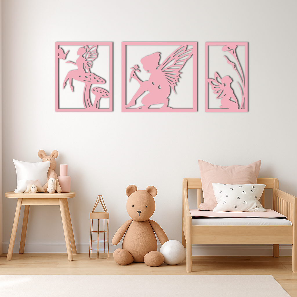 Pink Fairy Trio Metal Wall Art – Set of Three Fantasy Silhouette Panels - KAFGP156