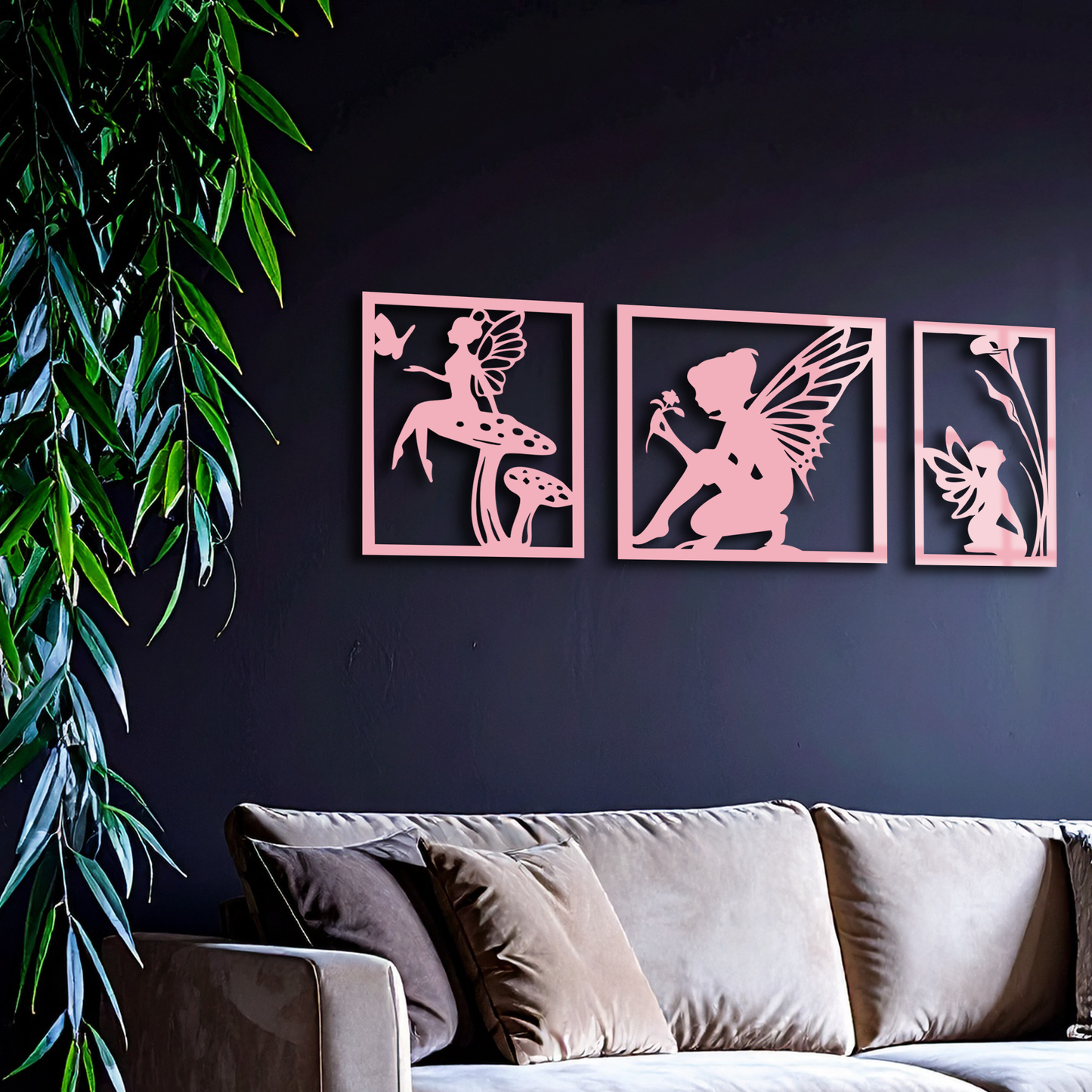 Pink Fairy Trio Metal Wall Art – Set of Three Fantasy Silhouette Panels - KAFGP156