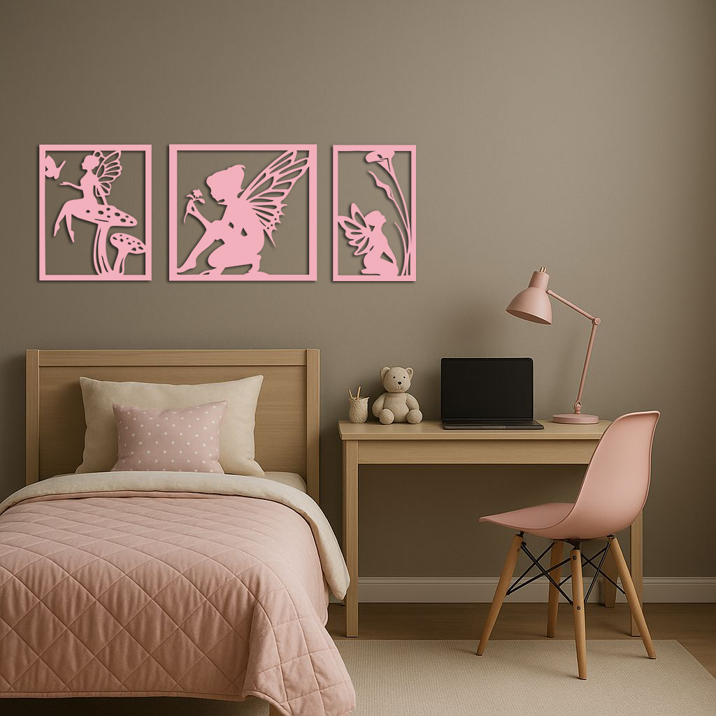 Pink Fairy Trio Metal Wall Art – Set of Three Fantasy Silhouette Panels - KAFGP156