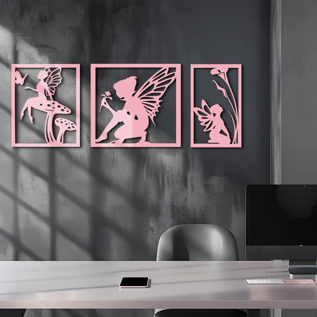 Pink Fairy Trio Metal Wall Art – Set of Three Fantasy Silhouette Panels - KAFGP156