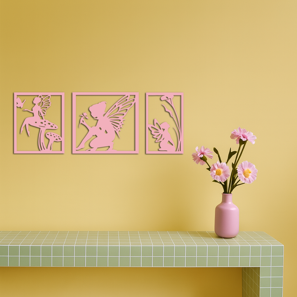 Pink Fairy Trio Metal Wall Art – Set of Three Fantasy Silhouette Panels - KAFGP156