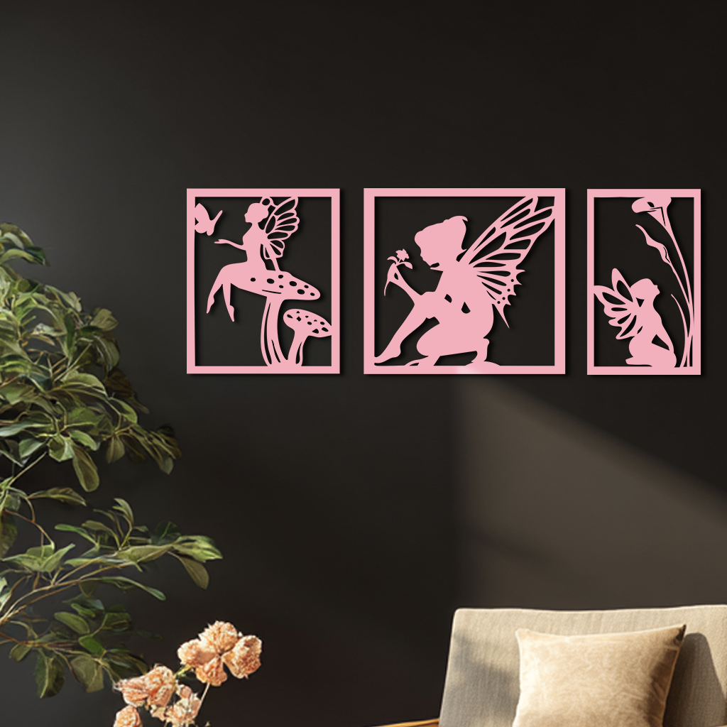 Pink Fairy Trio Metal Wall Art – Set of Three Fantasy Silhouette Panels - KAFGP156