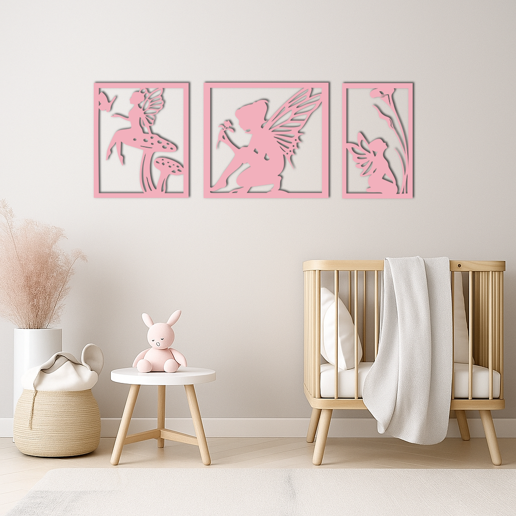 Pink Fairy Trio Metal Wall Art – Set of Three Fantasy Silhouette Panels - KAFGP156