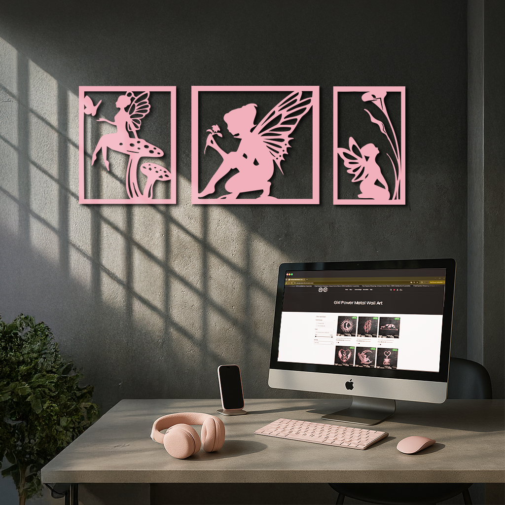 Pink Fairy Trio Metal Wall Art – Set of Three Fantasy Silhouette Panels - KAFGP156