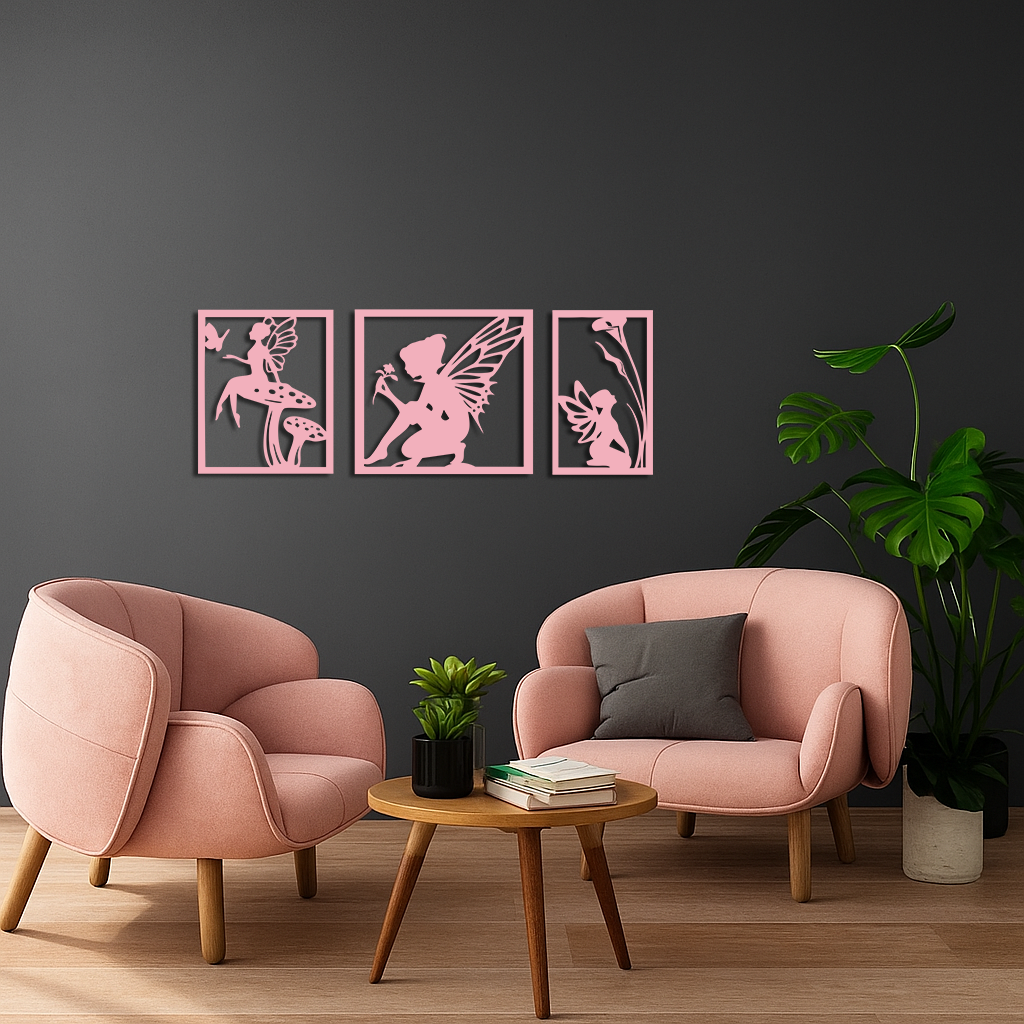 Pink Fairy Trio Metal Wall Art – Set of Three Fantasy Silhouette Panels - KAFGP156