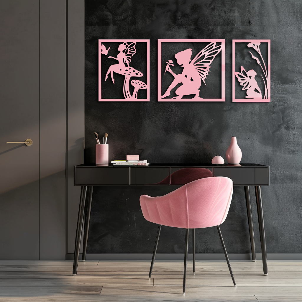 Pink Fairy Trio Metal Wall Art – Set of Three Fantasy Silhouette Panels - KAFGP156