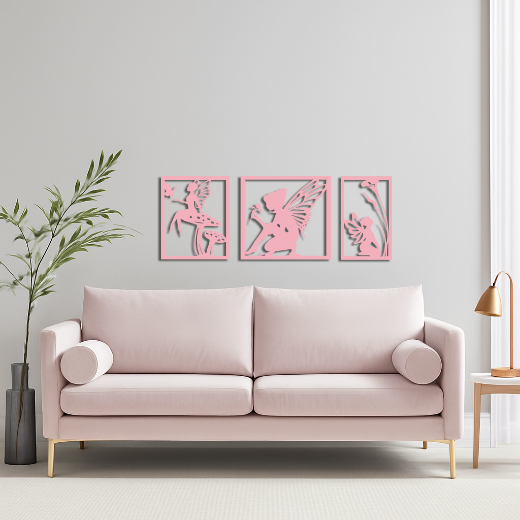 Pink Fairy Trio Metal Wall Art – Set of Three Fantasy Silhouette Panels - KAFGP156