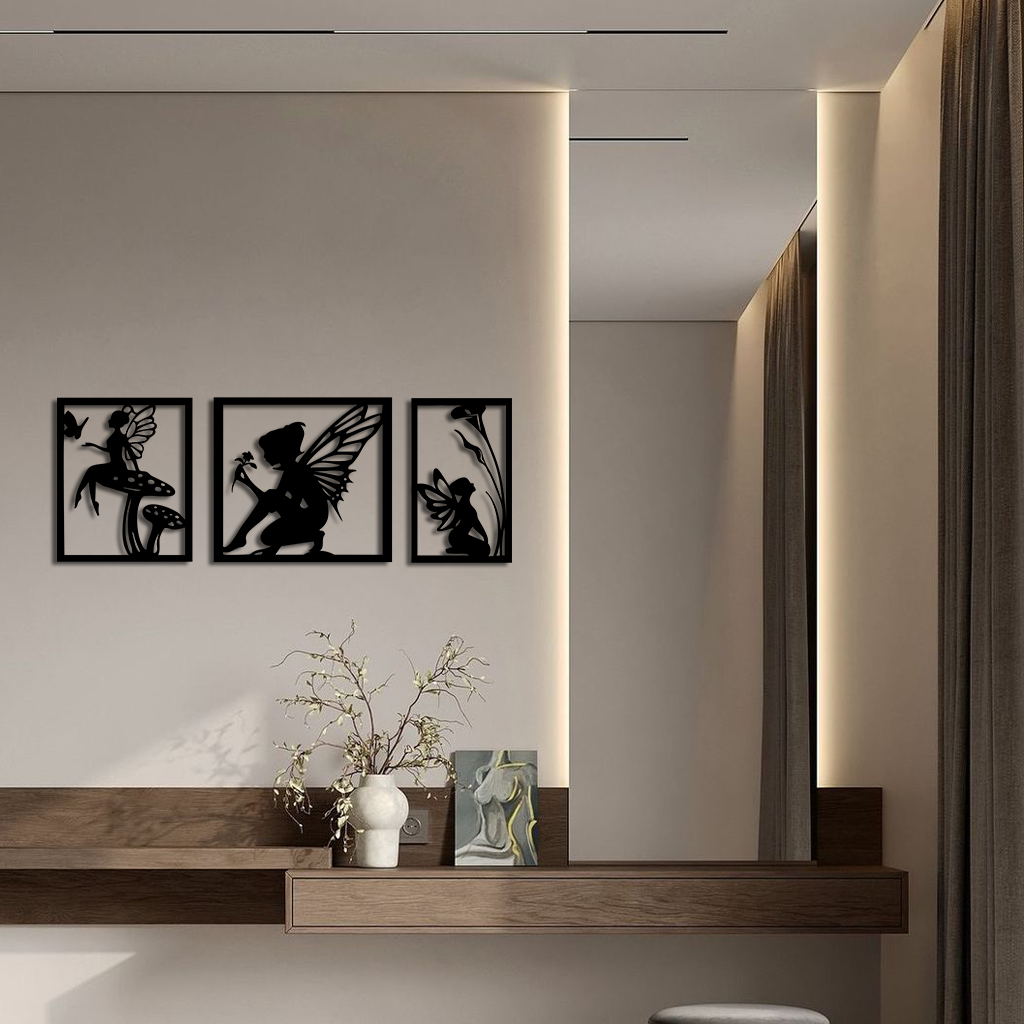 Pink Fairy Trio Metal Wall Art – Set of Three Fantasy Silhouette Panels - KAFGP156